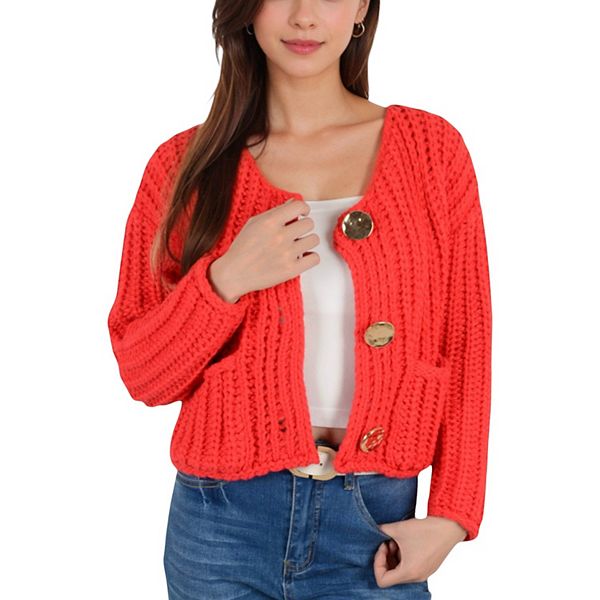 Women's Chunky Knit Cardigan with Statement Button Front and Deep