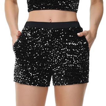 Women's Sparkly Sequin Shorts Elastic Waist Glitter Straight Leg