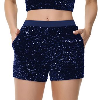 Women's Sparkly Sequin Shorts Elastic Waist Glitter Straight Leg