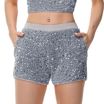 Women's Sparkly Sequin Shorts Elastic Waist Glitter Straight Leg