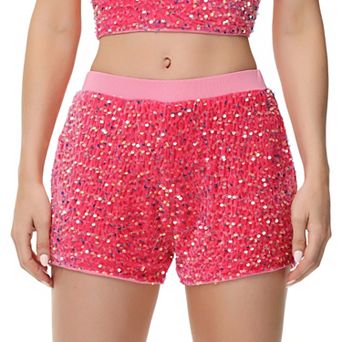 Women's Sparkly Sequin Shorts Elastic Waist Glitter Straight Leg