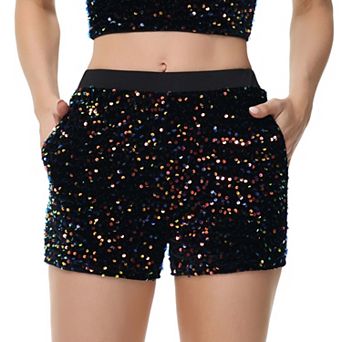 Women's Sparkly Sequin Shorts Elastic Waist Glitter Straight Leg
