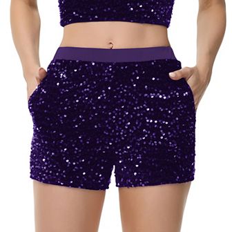 Women's Sparkly Sequin Shorts Elastic Waist Glitter Straight Leg