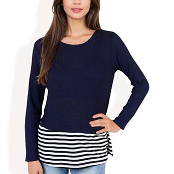 Women's Striped Hem Waffle Knit Long Sleeve