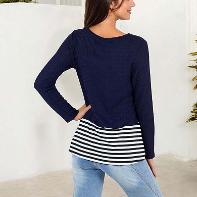 Women's Striped Hem Waffle Knit Long Sleeve