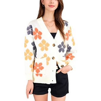 Women's Button-Up Knit Cardigan with Floral Print and Front Pockets