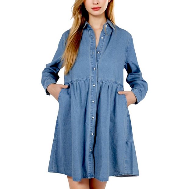Women's Long Sleeve Denim Shirt Dress with Front Button Closure and  Gathered Waist