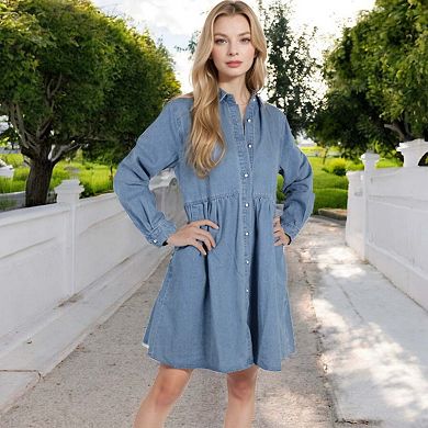 Women's Long Sleeve Denim Shirt Dress with Front Button Closure and Gathered Waist