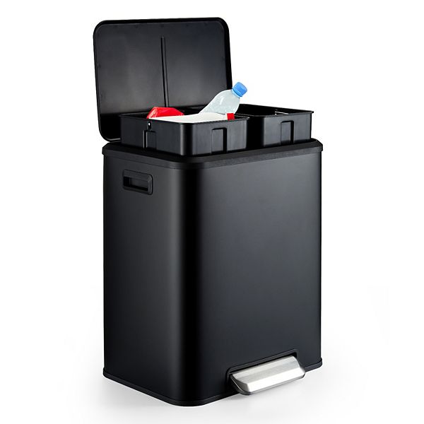 2 x 4 Gal Steel Pedal Recycle Bin with Lid and Inner Buckets - Black