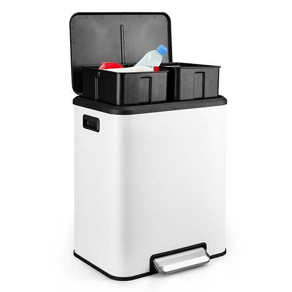 2 x 4 Gal Steel Pedal Recycle Bin with Lid and Inner Buckets - White