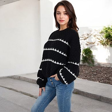 Women's Oversized Cable Knit Sweater with Contrast Stripes