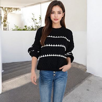 Women's Oversized Cable Knit Sweater with Contrast Stripes
