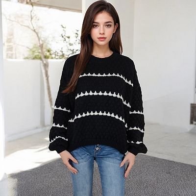 Women's Oversized Cable Knit Sweater with Contrast Stripes