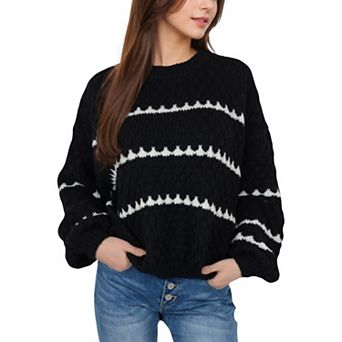 Women's Oversized Cable Knit Sweater with Contrast Stripes
