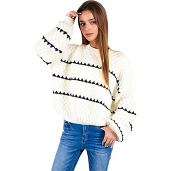 Women's Oversized Cable Knit Sweater with Contrast Stripes