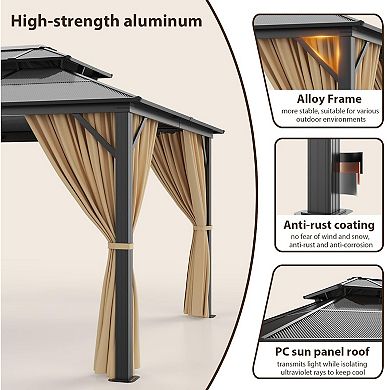 10' X 12' Hardtop Gazebo Canopy, Double Roof Canopy with Netting and Curtains