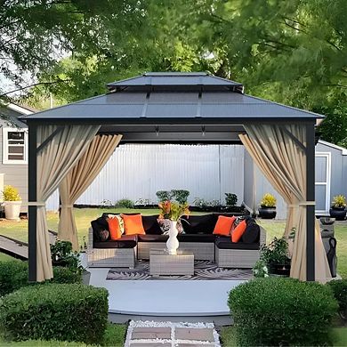 10' X 12' Hardtop Gazebo Canopy, Double Roof Canopy with Netting and Curtains