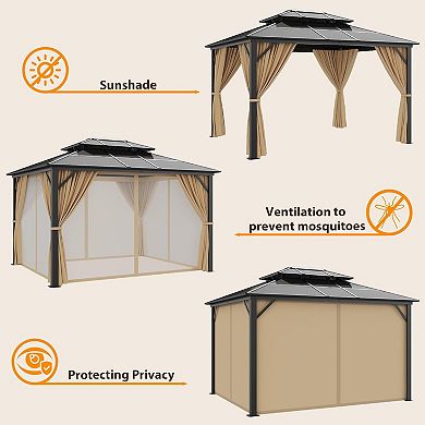 10' X 12' Hardtop Gazebo Canopy, Double Roof Canopy with Netting and Curtains