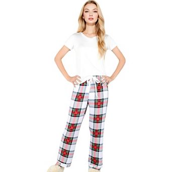Women's Short Sleeve V-Neck Tee and Plaid Pajama Set with Relaxed Fit