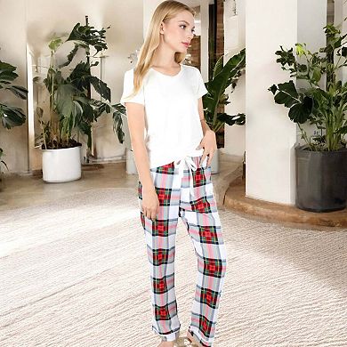 Women's Short Sleeve V-Neck Tee and Plaid Pajama Set with Relaxed Fit