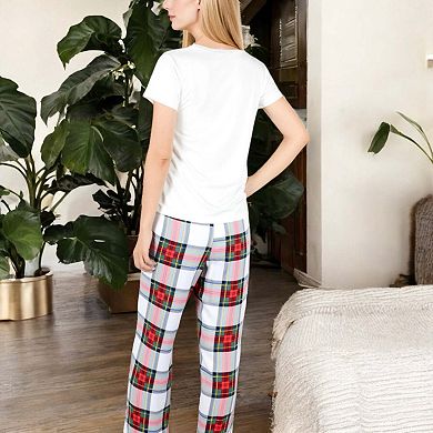 Women's Short Sleeve V-Neck Tee and Plaid Pajama Set with Relaxed Fit