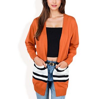 Women's Open Front Striped Pocket Long Sleeve Cardigan