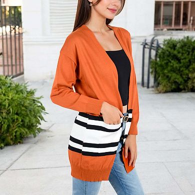 Women's Open Front Striped Pocket Long Sleeve Cardigan