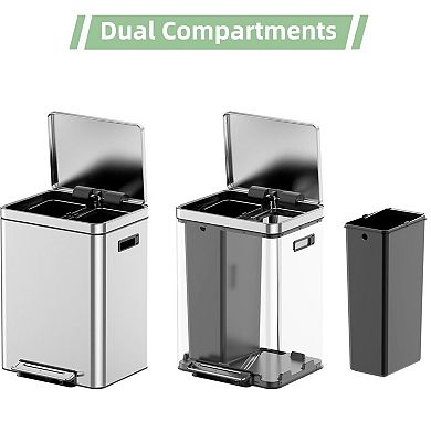 10.6 Gallon Dual Trash Can, Double Compartment Classified Garbage Can with Removable Inner Bucket