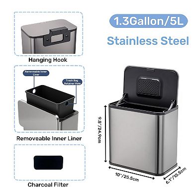 1.3 Gal Hanging Trash Can with Lid, Stainless Steel Compost Bin with Inner Bucket, Charcoal Filter