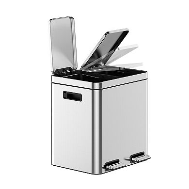 2 x 4-Gallon Garbage Can for Kitchen, 2 Compartments for Recycling and Trash