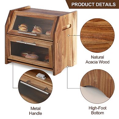 Double Layer Acacia Wooden Bread Bin with Clear Acrylic Door Panel