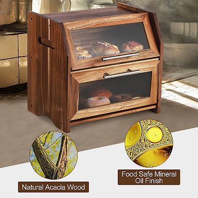Double Layer Acacia Wooden Bread Bin with Clear Acrylic Door Panel