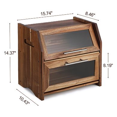 Double Layer Acacia Wooden Bread Bin with Clear Acrylic Door Panel