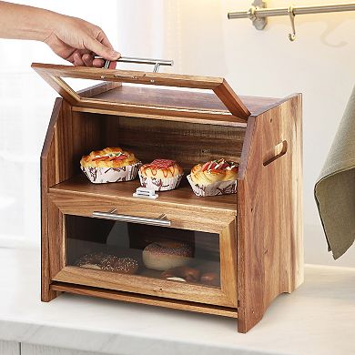Double Layer Acacia Wooden Bread Bin with Clear Acrylic Door Panel