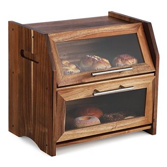 Double Layer Acacia Wooden Bread Bin with Clear Acrylic Door Panel