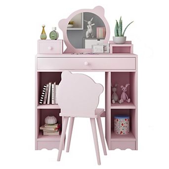 Kids Vanity, 2 in 1 Princess Makeup Desk & Chair Set with Drawers, Storage Shelves