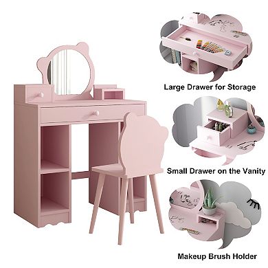 Kids Vanity, 2 in 1 Princess Makeup Desk & Chair Set with Drawers, Storage Shelves
