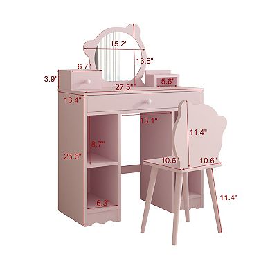 Kids Vanity, 2 in 1 Princess Makeup Desk & Chair Set with Drawers, Storage Shelves