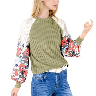 Women's Ribbed Knit Top with Floral Balloon Sleeves and Lace Shoulder Details