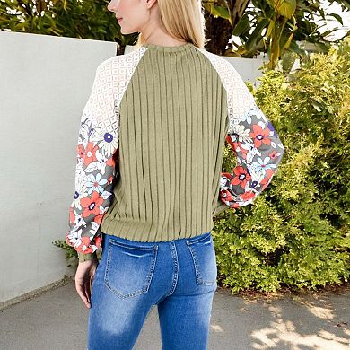 Women's Ribbed Knit Top with Floral Balloon Sleeves and Lace Shoulder Details
