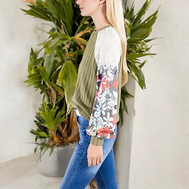 Women's Ribbed Knit Top with Floral Balloon Sleeves and Lace Shoulder Details