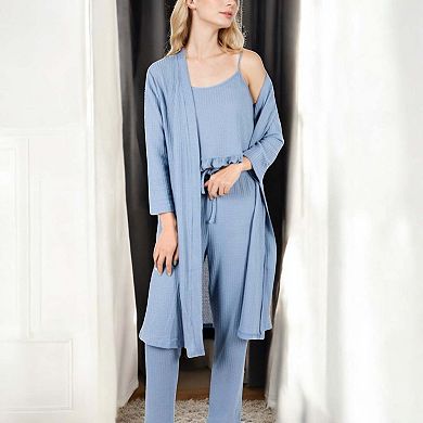 Women's Three-Piece Loungewear Set with Long Cardigan, Tank, and Drawstring Pants