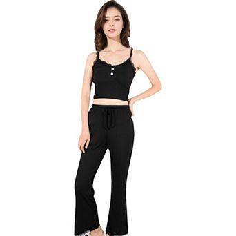 Women's Ribbed Tank and Drawstring Pants Lounge Set with Lace Trim