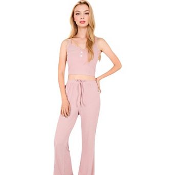 Women's Ribbed Tank and Drawstring Pants Lounge Set with Lace Trim