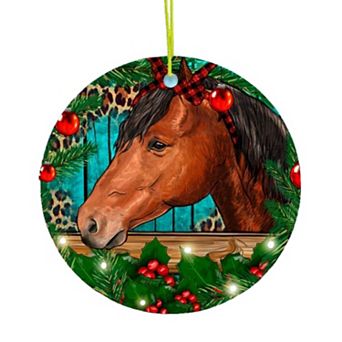 Elegant Brown Horse in Christmas Wreath Ornament