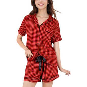 Women's Short Sleeve Button-Up Plaid Pajama Set with Drawstring Shorts