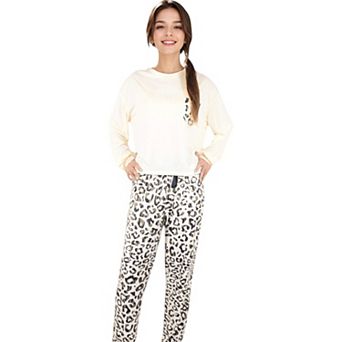 Women's Long Sleeve Pajama Set with Leopard Print Drawstring Pants and Chest Pocket