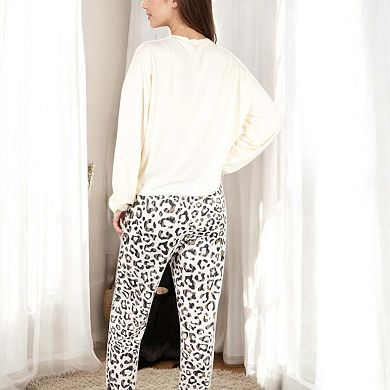 Women's Long Sleeve Pajama Set with Leopard Print Drawstring Pants and Chest Pocket