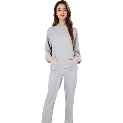 Women's Waffle Knit Hoodie Lounge Set with Front Pocket and