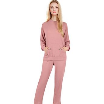 Women's Waffle Knit Hoodie Lounge Set with Front Pocket and Relaxed Fit Pants